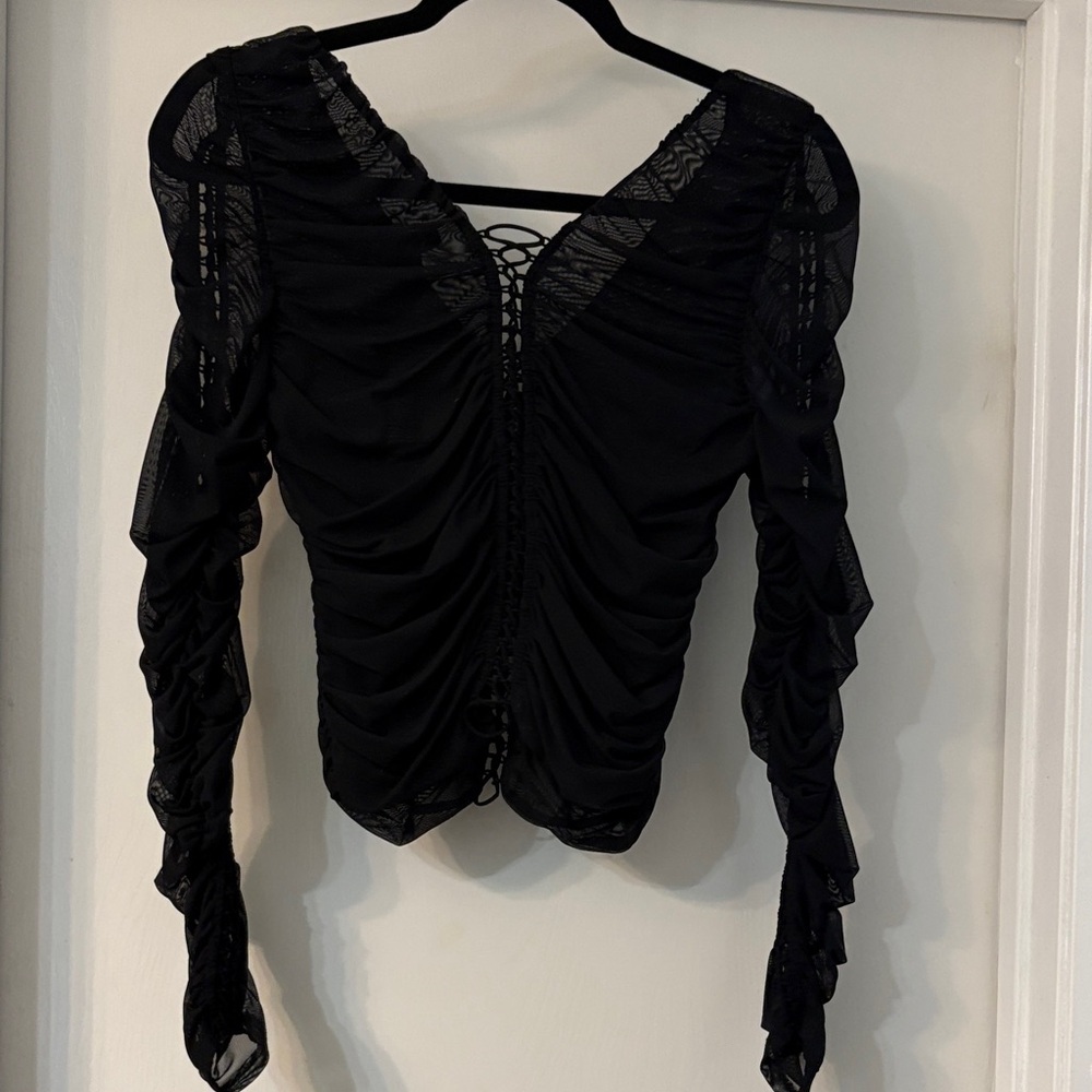 Marciano Black Sheer Ruched Lace-Back Long Sleeve Top - Picture 5 of 5